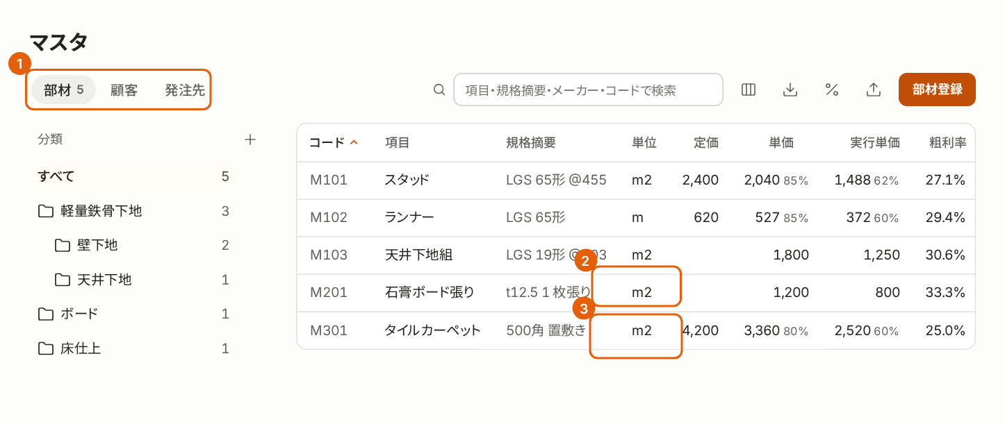 マスタの部材のタブ。部材・顧客・発注先のタブ、「取込」、「部材登録」に番号付きの枠が付いている。