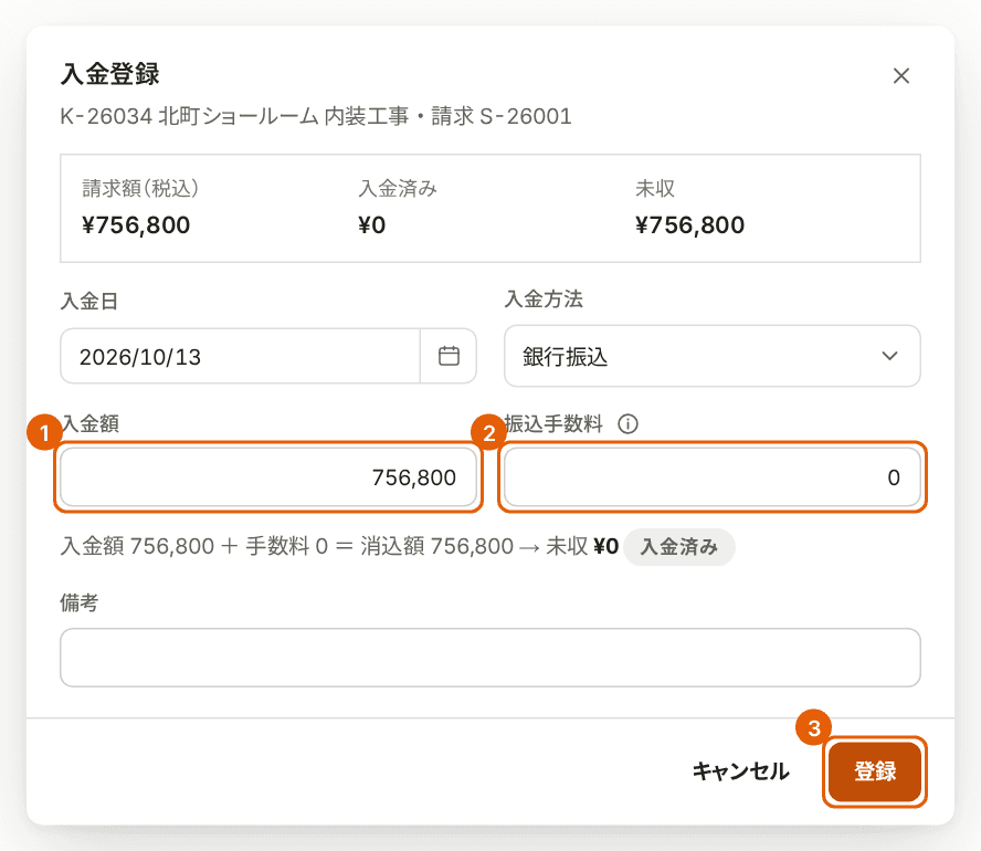 入金登録の画面。入金額、振込手数料、「登録」に番号付きの枠が付いている。