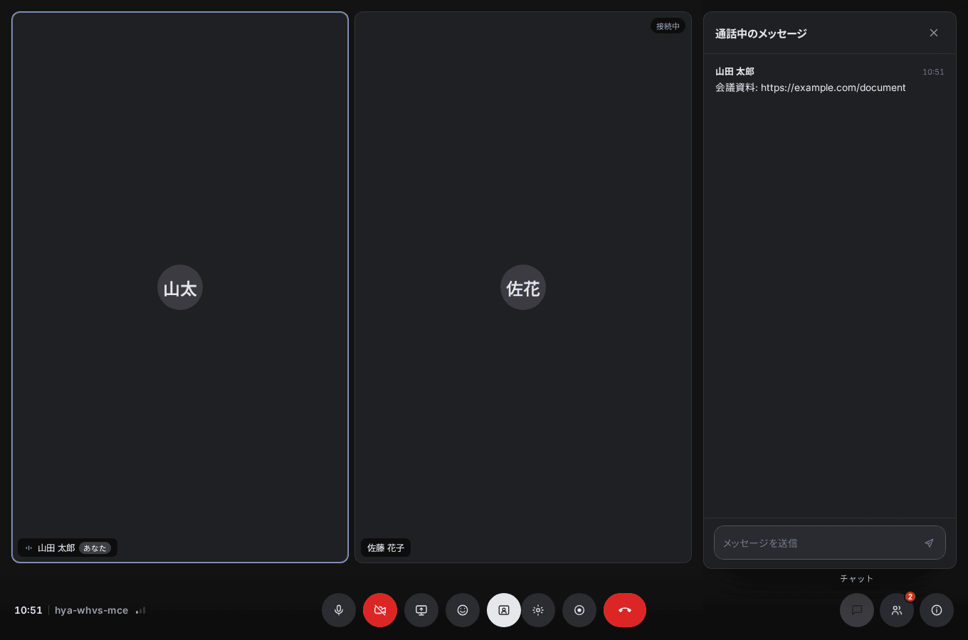 会議室の右側に開いた通話中のメッセージ欄。共有した資料リンクとメッセージ入力欄が表示されている。