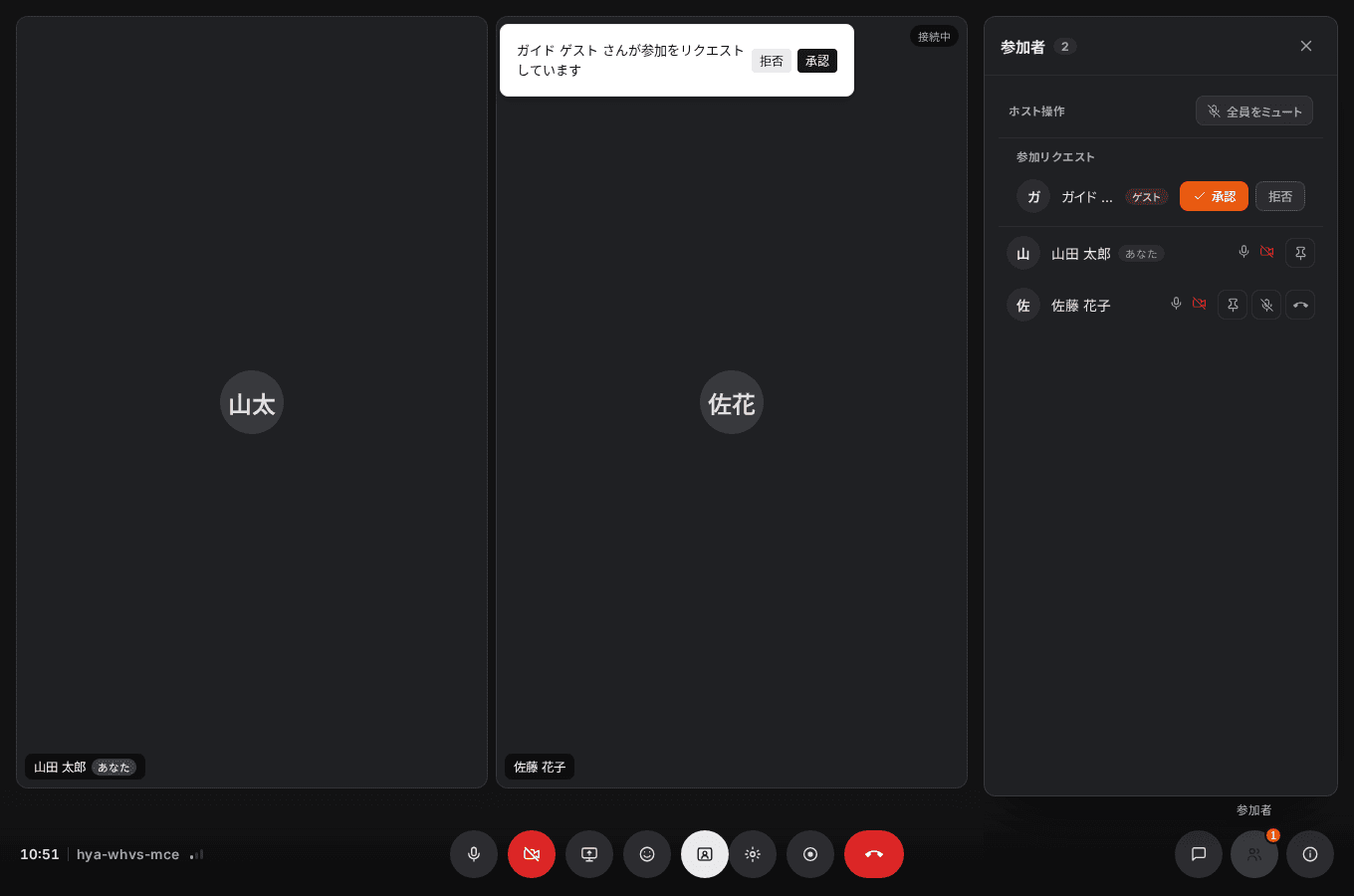 会議室の参加者パネル。参加中のメンバー、ゲスト、参加リクエストと、承認・拒否・ミュート・退出の操作が表示されている。