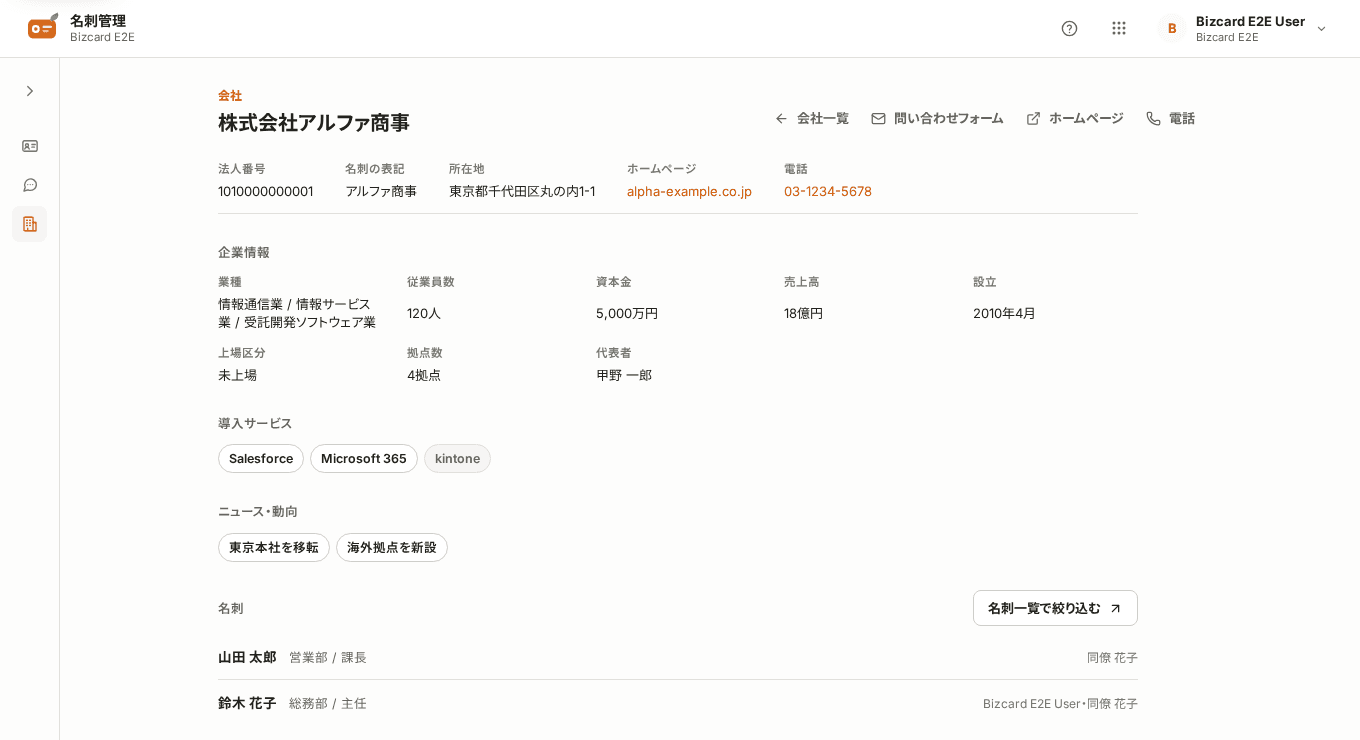 株式会社アルファ商事の会社ページ。法人番号・所在地の下に業種・従業員数・資本金などの企業情報と、その会社の名刺が並ぶ